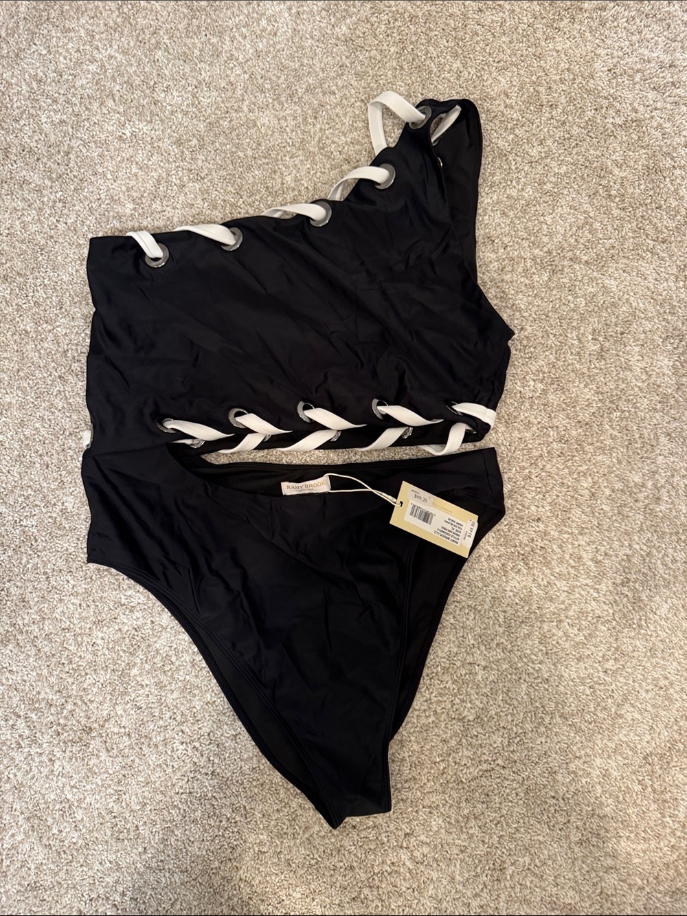 Ramy Brook Black One-Shoulder One-Piece Swimsuit with White Lace-Up Detail